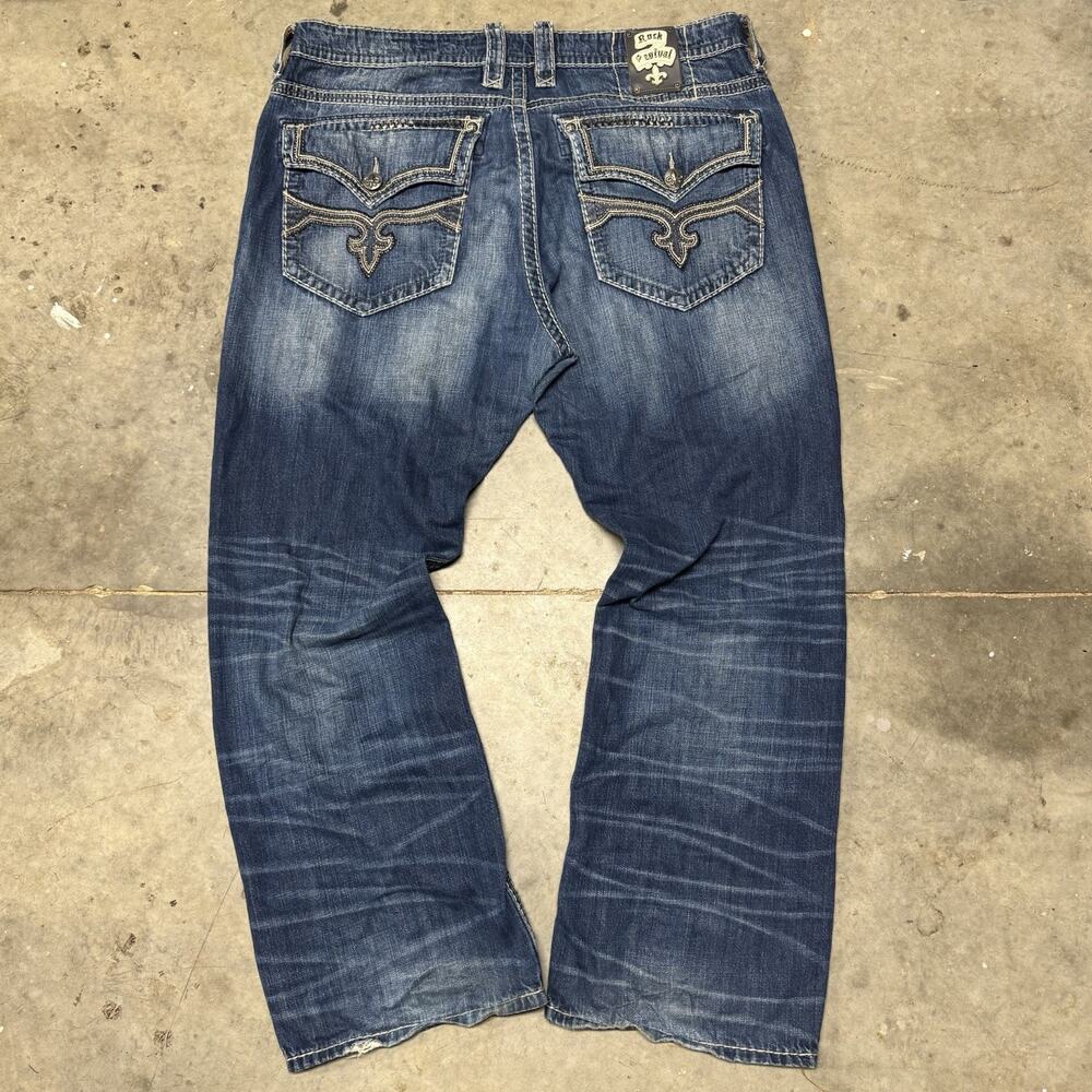 Mens Vintage Blue Wash Baggy Rock Revival Y2K Straight Jeans Size 42x32